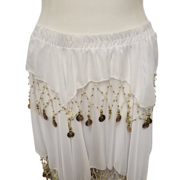 White Short Skirt Belly Dancing Skirt Crocheted with Gold Beads and Coins NEW - Picture 3 of 6